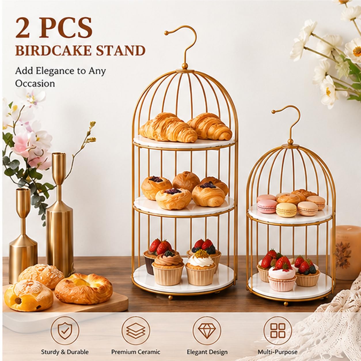 AIJIDIWO Gold Bird Cage Cupcake Stand Set, 2-Piece 3-Tier and 2-Tier Acrylic Dessert Display Trays, Metal Serving Stands for Wedding, Birthday, Baby Shower, Tea Party and Buffet Table Decor