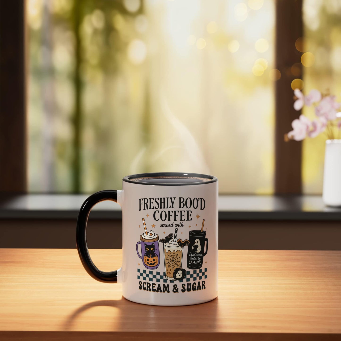Drinking Coffee Late Lover Cozy Halloween Graphic Barista Ceramic Mug, Black/White