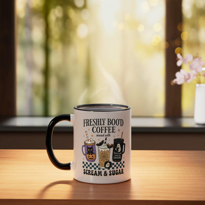 Drinking Coffee Late Lover Cozy Halloween Graphic Barista Ceramic Mug, Black/White
