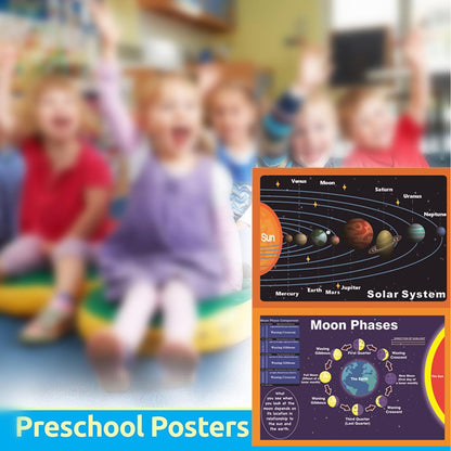 SANTSUN Solar System Poster and Moon Phases Chart(2 Pcs) | Learning Poster for Kids Back to School Supplies, Preschool, Kindergarten, Elementary | Space Decor for Classroom & Bedroom -17”x24”