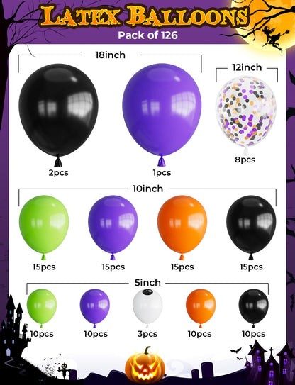 Halloween Balloons Garland Arch Kit,126pcs DIY Halloween Party Balloon With Black,Orange,Purple,Fruit Green,Confetti,Balloons,Boo,Spider,Pumpkin Foil Balloon for HalloweenParty Decorations Indoor