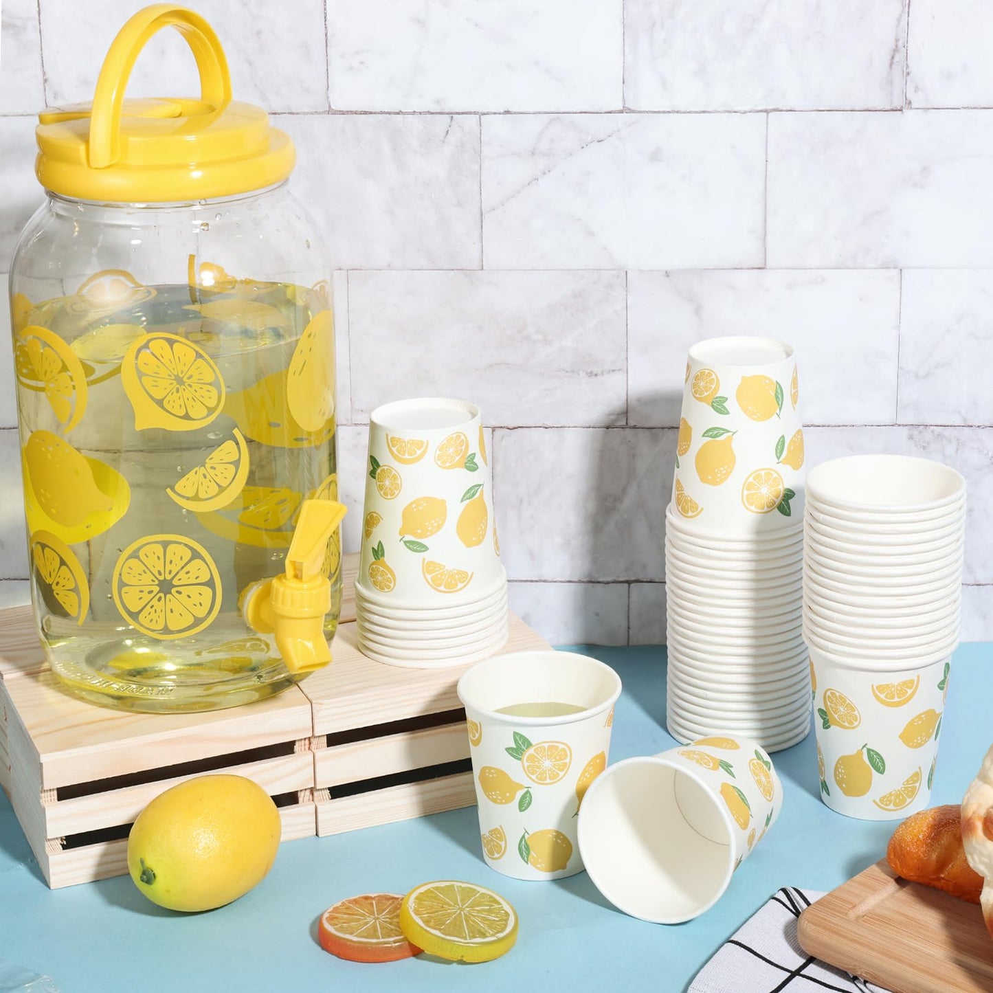 Lemon Plastic Drink Dispenser and 50 Pcs Lemon Paper Party Cups 1 Gallon Iced Beverage Dispenser Tea Jar with Spigot and Carrying Lid Clear Dispenser for Lemonade Stand Lemon Juice Tea Beer