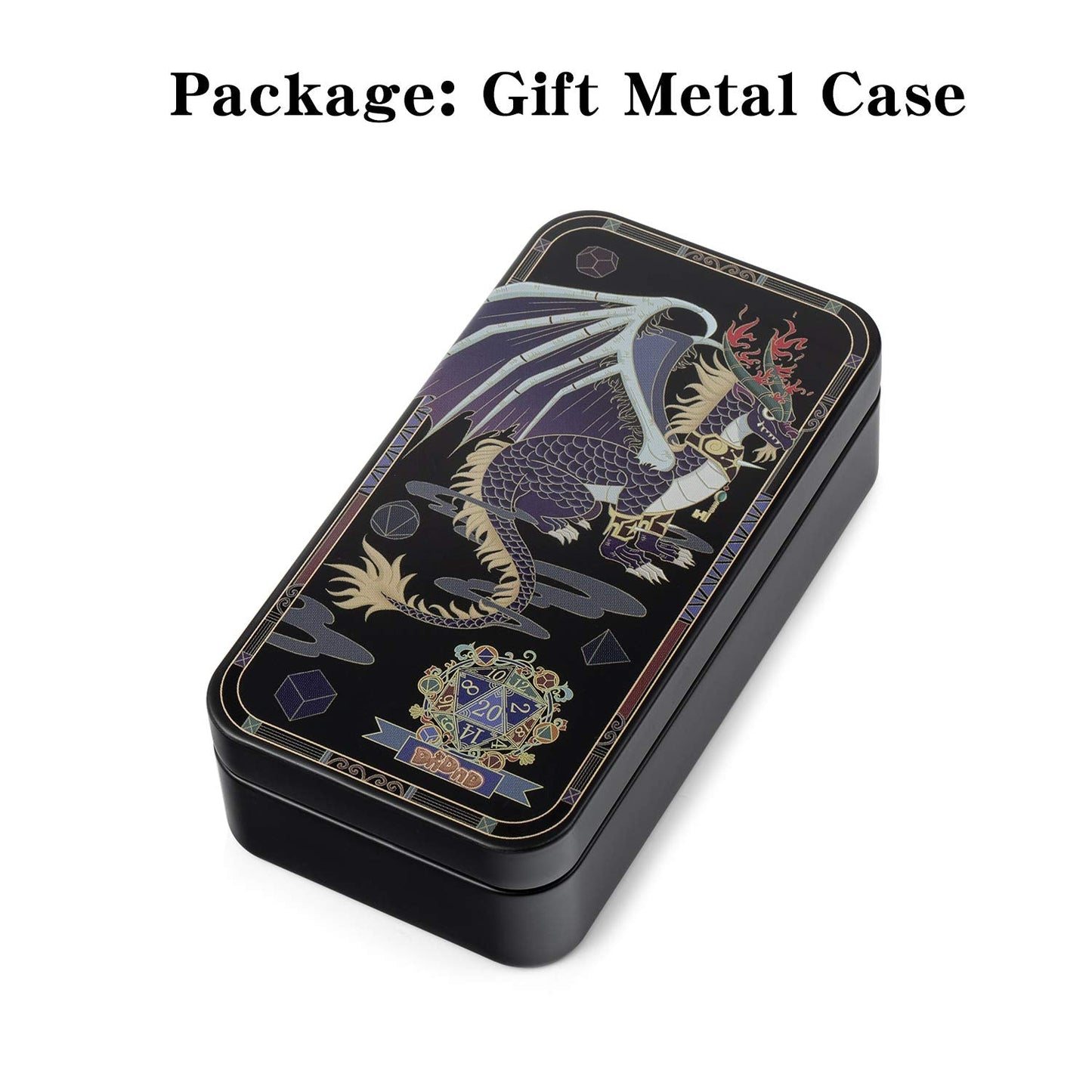 DnDnD Heavy Polyhedral Metal Dice Set with Metal Box, 7-die Shiny Blue Surface with Golden Number for RPG,Dungeons and Dragons,Pathfinder,Shadowrun,D&D,Role Palying Game and Math Teaching