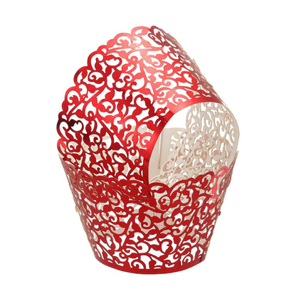 HARFINGTON 50 Pcs Lace Cupcake Liners Standard Vine Designed Hollow Out Cupcake Wraps Artistic Bake Cake Paper Cups for Anniversary Birthday Weddings Parties, Reflective Dark Red