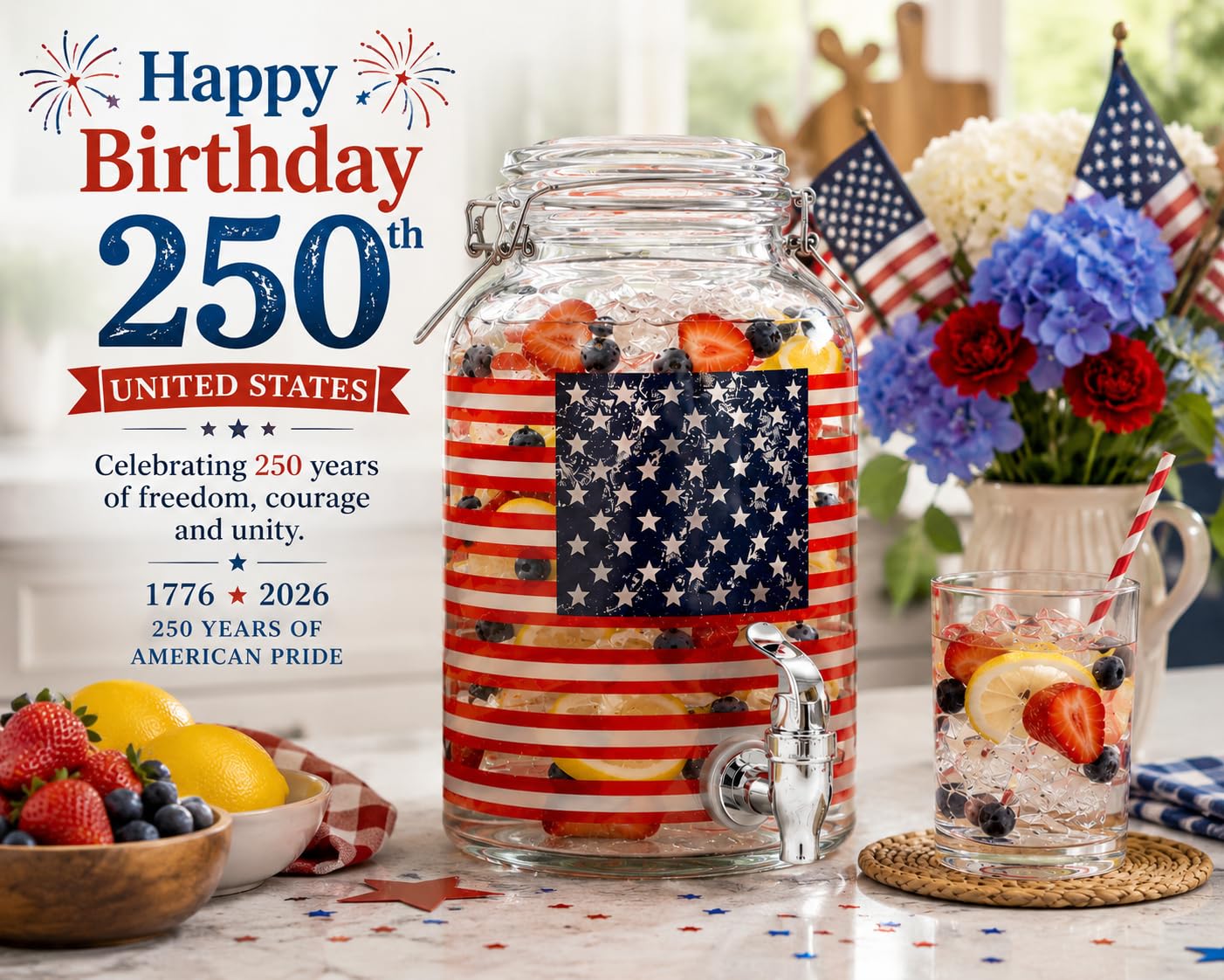 1 Gallon Glass Drink Dispenser with Spigot – 250 anniversary American Flag Beverage Dispenser, Leak-Proof, Airtight Lid, Large Mouth, Perfect for Parties, BBQs, Indoor & Outdoor Use, Hand Wash Only.