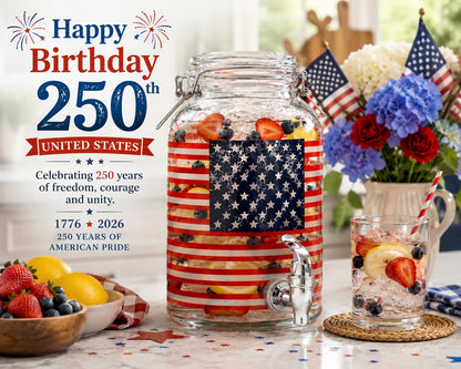 1 Gallon Glass Drink Dispenser with Spigot – 250 anniversary American Flag Beverage Dispenser, Leak-Proof, Airtight Lid, Large Mouth, Perfect for Parties, BBQs, Indoor & Outdoor Use, Hand Wash Only.