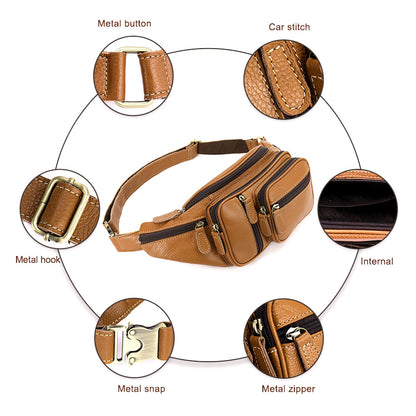 Genuine Leather Fanny Pack large capacity Crossbody Waist Bag with Zipper phone Pockets brown