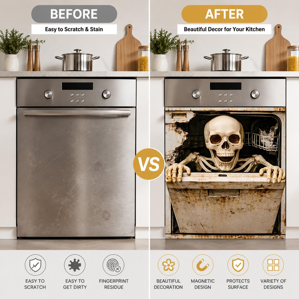 Halloween Skeleton Dishwasher Cover Magnet, 23.03 x 25.59 in Dishwasher Magnetic Cover, Dishwasher Decorative Magnet, Dishwasher Magnet Cover for Kitchen Decor