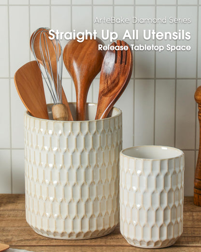 ArteBake Utensil Holder Set of 2, Large & Small Ceramic Utensil Holder for Kitchen Countertop, Farmhouse Kitchen Decor, Thick Durable Utensil Crock Organizer, Beige