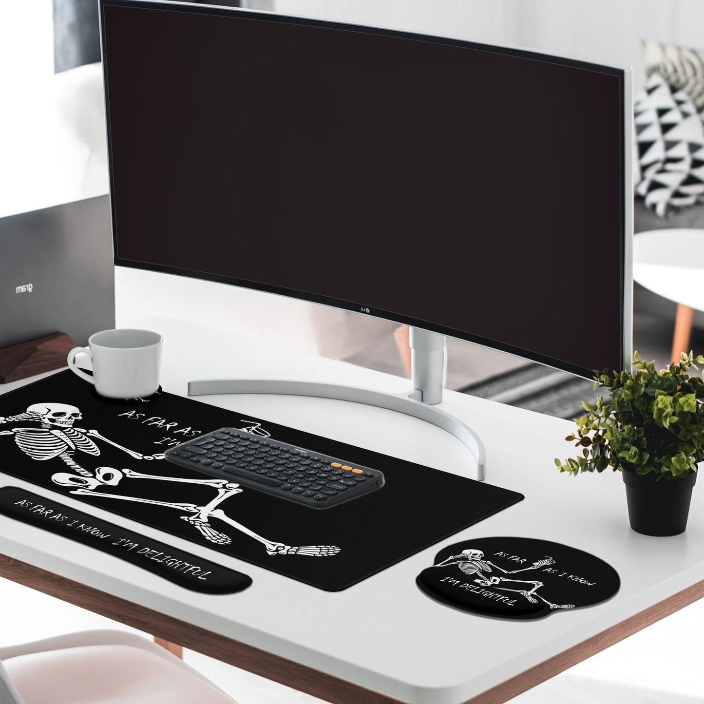 Britimes Black Skull Skeleton Keyboard Mouse Pad Set 4in1 Large Mousepad+Keyboard Wrist Rest+Mouse Wrist Rest+Coaster Set with Ergonomic Design for Home Office Computer 35.4x15.7 inches