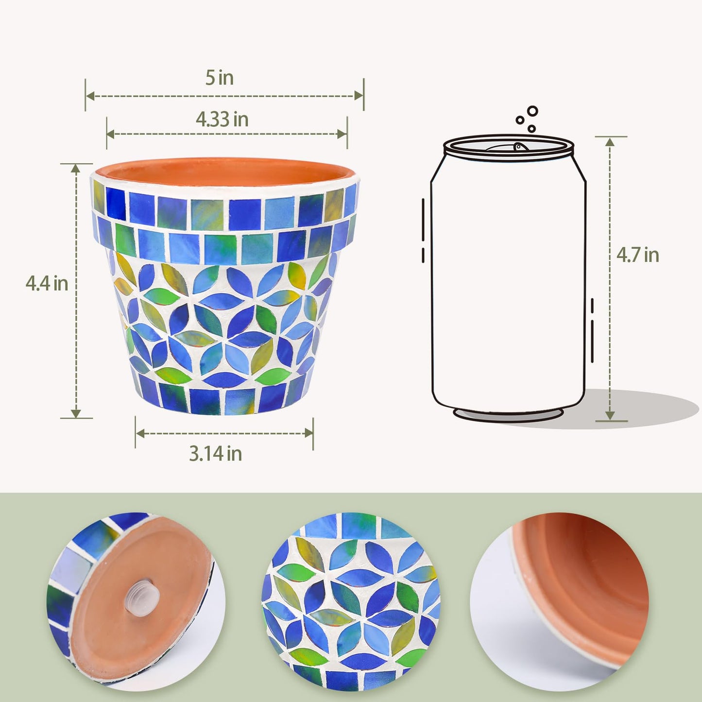 Chonsun Small Mosaic Plant Pot Flower Pots Ceramic Planter with Drainage Hole Small Ceramic Pot for Indoor Outdoor Plants Succulent Pots Blue with Flower Design