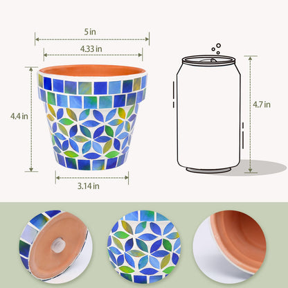 Chonsun Small Mosaic Plant Pot Flower Pots Ceramic Planter with Drainage Hole Small Ceramic Pot for Indoor Outdoor Plants Succulent Pots Blue with Flower Design