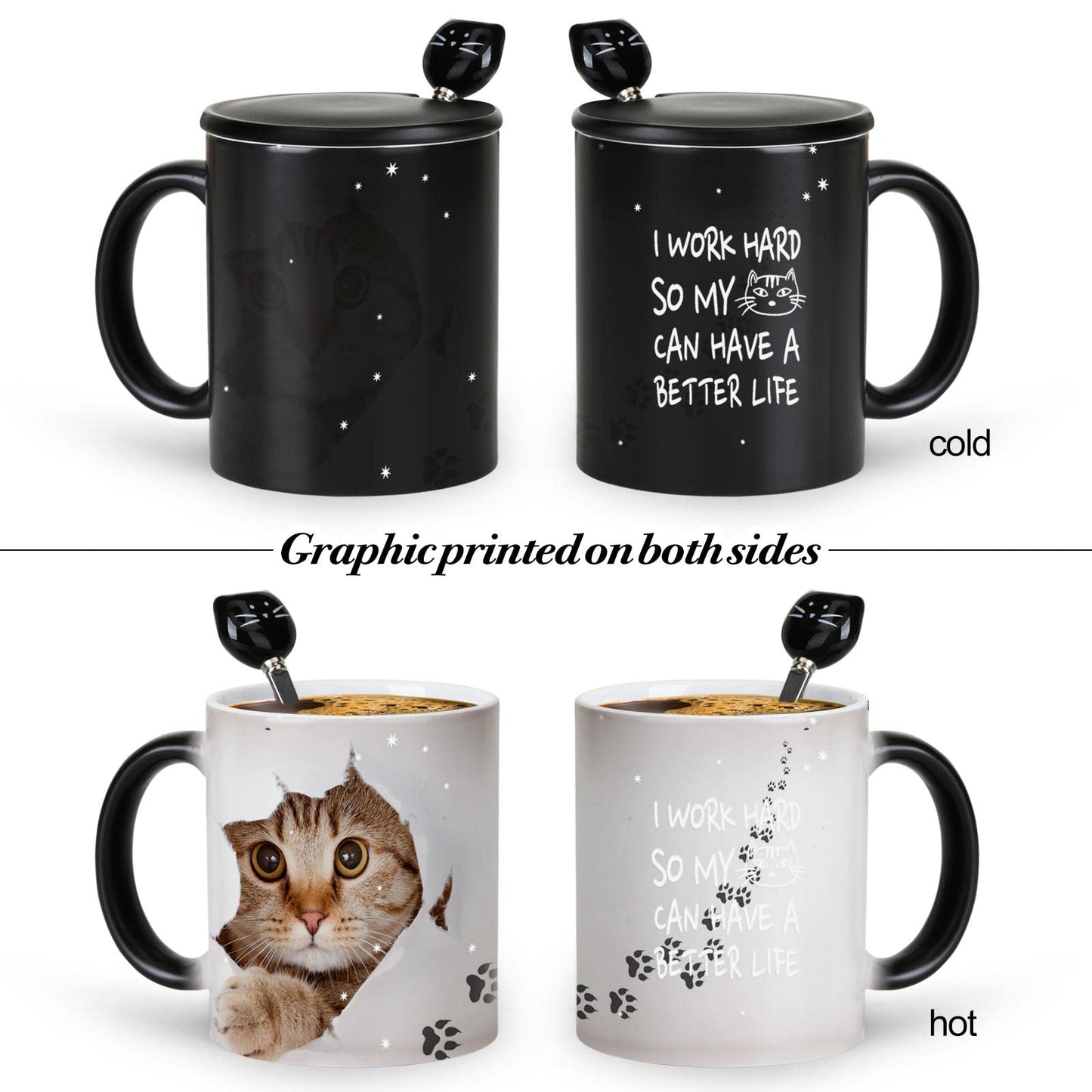 MUGKISS Color Changing Coffee Mug 11oz - I Work Hard So My Cat Can Have a Better Life - Halloween Cat Cup With Black Lid and Head Spoon, Gifts for Birthday, Christmas