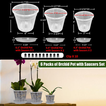 Orchid Pot with Saucers, 2 Each of 4.3",5.5",6.1" Orchid Pots with Holes, 6Pcs Clear Plastic Planter for Indoor Outdoor Plants (2 Each of 4.3,5.5",6.1" with Saucers)