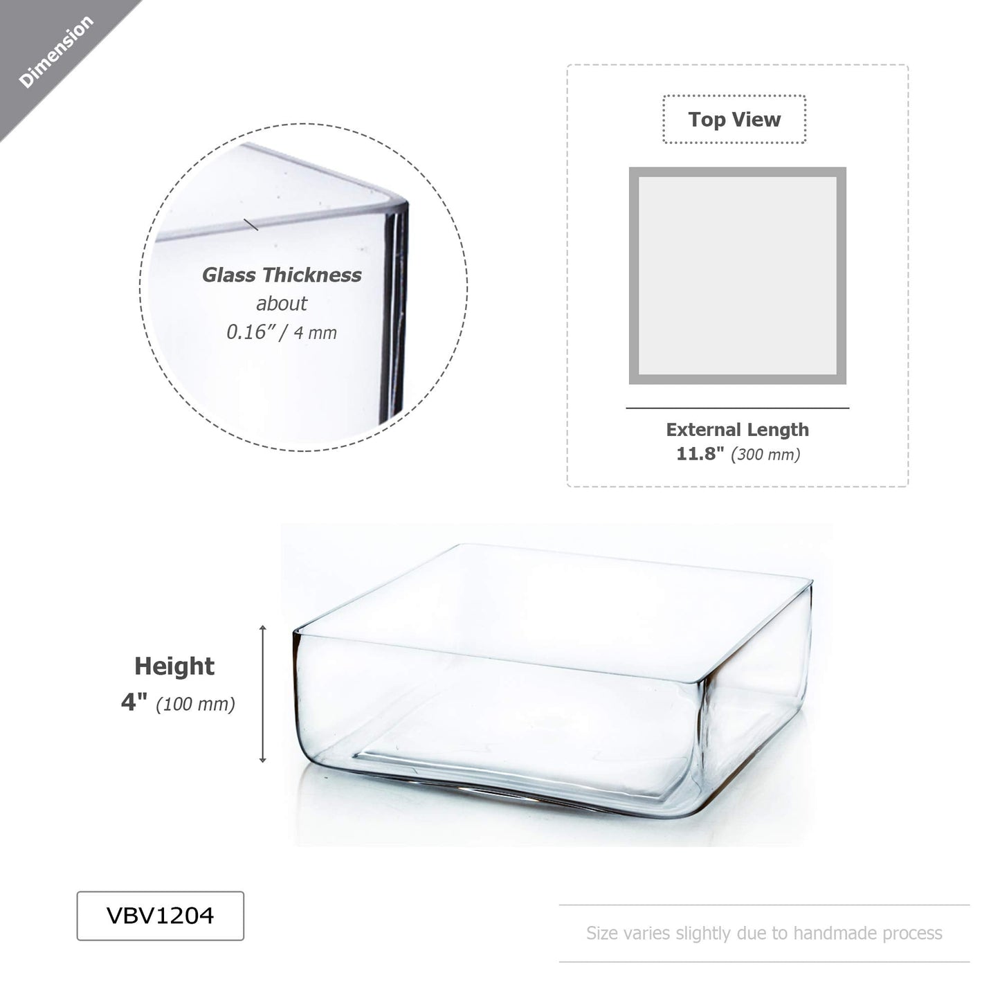 WGV Square Block Glass Vase, Length 12", Height 4", Clear Large Planter Terrarium, Floral Container for Wedding Party Event, Home Office Decor, 1 Piece