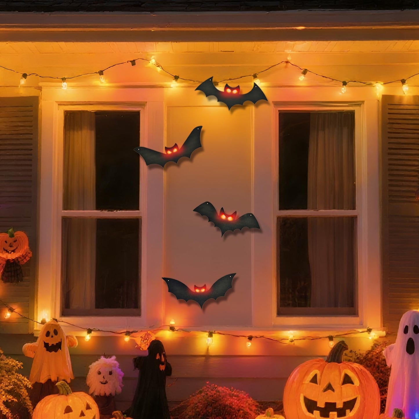 Lighted Halloween Hanging Bats, 4 Packs Halloween Decorations Outdoor Scary Large Black Hanging Flying Bat with LED Lights Spooky Glow Eyes Waterproof for Yard Sign Window Wall Decor Indoor Clearance