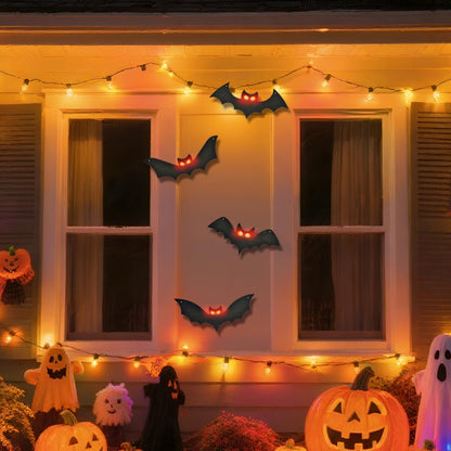 Lighted Halloween Hanging Bats, 4 Packs Halloween Decorations Outdoor Scary Large Black Hanging Flying Bat with LED Lights Spooky Glow Eyes Waterproof for Yard Sign Window Wall Decor Indoor Clearance