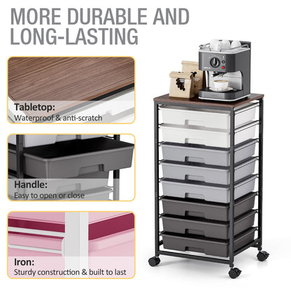 Rolling Storage Cart with 8 Drawers, Utility Cart on Wheels with Wooden Tabletop, Utility Cart for Teacher Storage, Office Organizer, Classroom Storage Cart, Craft Storage, Grey
