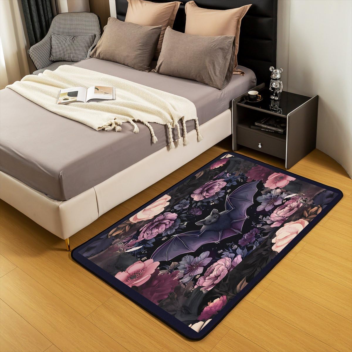 Black Floral Bat 5x7 Area Rug Halloween Bats Living Room Rug | Boho Flowers Rugs for Bedroom, Romantic Plant Gothic Carpet Indoor Floor Mat
