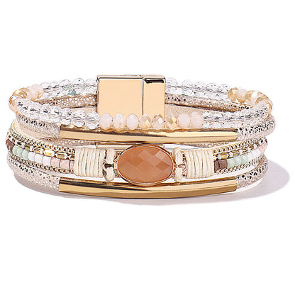 FANCY SHINY Leather Wrap Bracelets Crystal Beads Bracelet Boho Cuff Stone Charm Bracelets with Clasp Costume Jewelry for Women(Beige)
