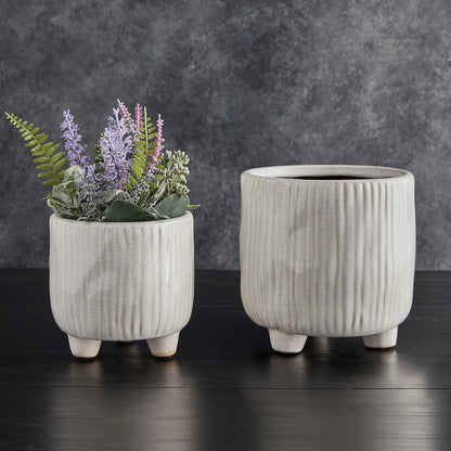 47th & Main Textured Clean White Glazed Ceramic Footed Planter for Flowers Succulents and More, Small, Lines