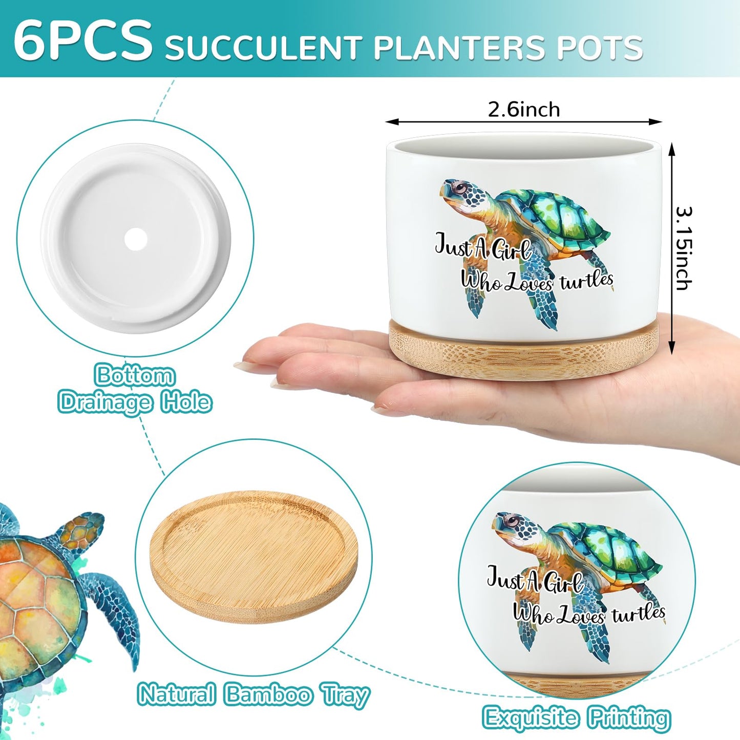 Teenyyou 6 Pcs Sea Turtle Decor Gifts Planters for Women Turtle Ceramic Succulent Pots with Bamboo Tray for Bathroom Office Home Indoor Ocean Themed Decorations Employee Appreciation (No Succulent)