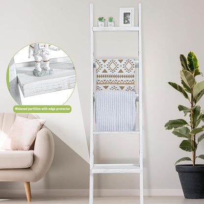 67" Wooden Blanket Ladders for The Living Room,5-Tier Ladder Shelf, Ladder Rack for Storage and Decor (Weathered White)