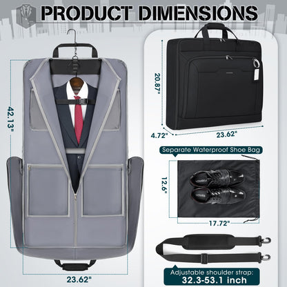RAINSMORE Garment Bags for Travel Carry On Garment Bag for Hanging Clothes, Suit Bag for Business Trips with Shoes bag & Shoulder Strap, Waterproof Foldable Suit Luggage Bag for Men Women, Black