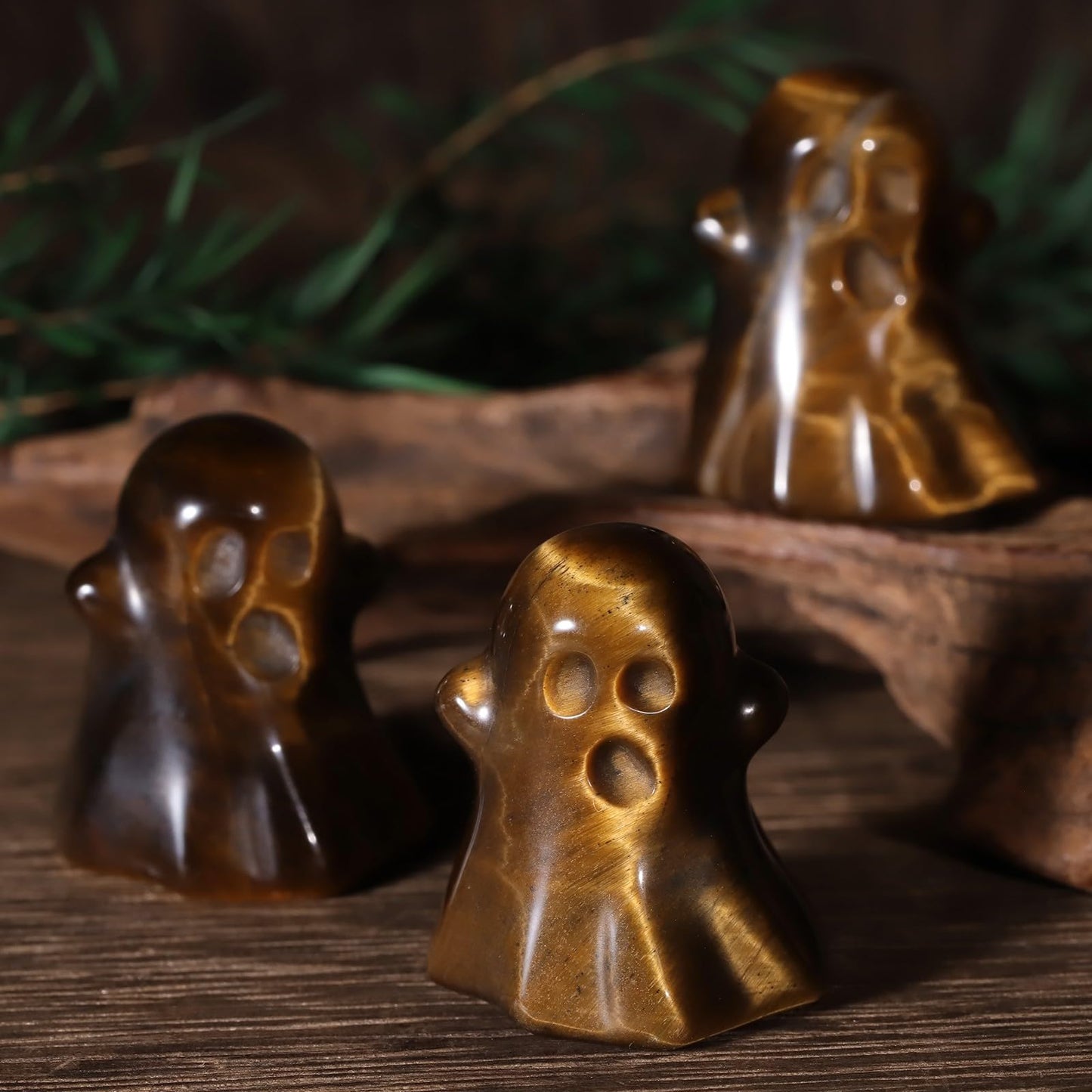 TUMBEELLUWA 2PCS Halloween Ghost Figurine Carved Crystal Statue Energy Stone Mini Collectible Sculpture Ornament for Haunted House Mantel Decor, Tiger's Eye Stone