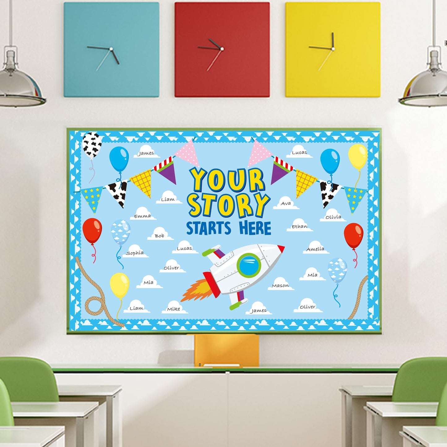 Cartoon Bulletin Board Decorations Set with Borders Blue Sky White Cloud Cutouts Decor for Teachers Back to School Bulletin Board for Class School Classroom Chalkboard Wall Decor