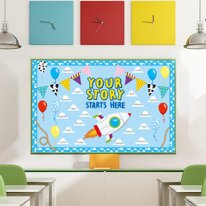 Cartoon Bulletin Board Decorations Set with Borders Blue Sky White Cloud Cutouts Decor for Teachers Back to School Bulletin Board for Class School Classroom Chalkboard Wall Decor