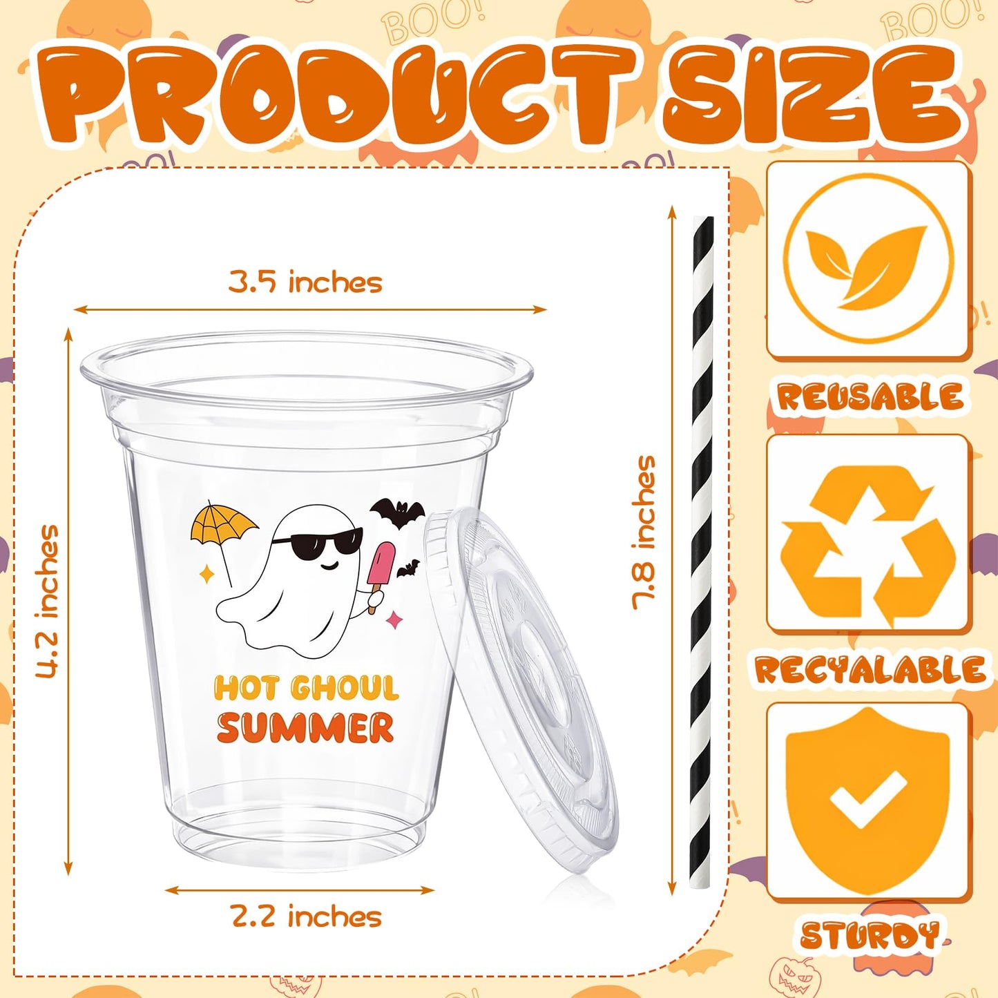 Vesici 60 Pcs Summer Party Disposable Plastic Cups with Straws 12oz Cute Ghost Clear Party Cups with Lids Hot Summer Ghoul Halloween Drinking Glasses Supplies for Birthday BBQ Bachelorette Pool