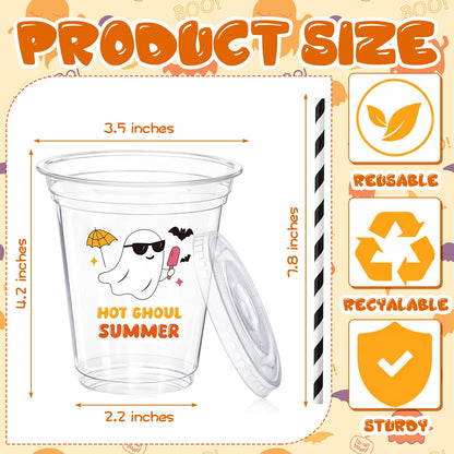 Vesici 60 Pcs Summer Party Disposable Plastic Cups with Straws 12oz Cute Ghost Clear Party Cups with Lids Hot Summer Ghoul Halloween Drinking Glasses Supplies for Birthday BBQ Bachelorette Pool