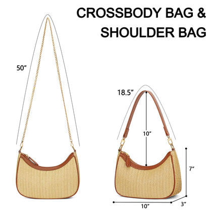KKXIU Summer Straw Beach Woven Shoulder Bag Vacation Clutch Purses for Women Hobo Tote Handbags ((Brown+khaki)