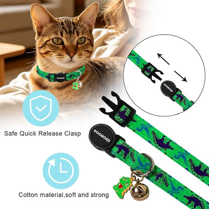 2 Pack Cotton Kitten Collars with Bells and Removable Charms, Cute Dinosaurs Collar for Indoor Boy, Girl and Adult Cats，Adjustable Kitten Collar 7-12 Inch
