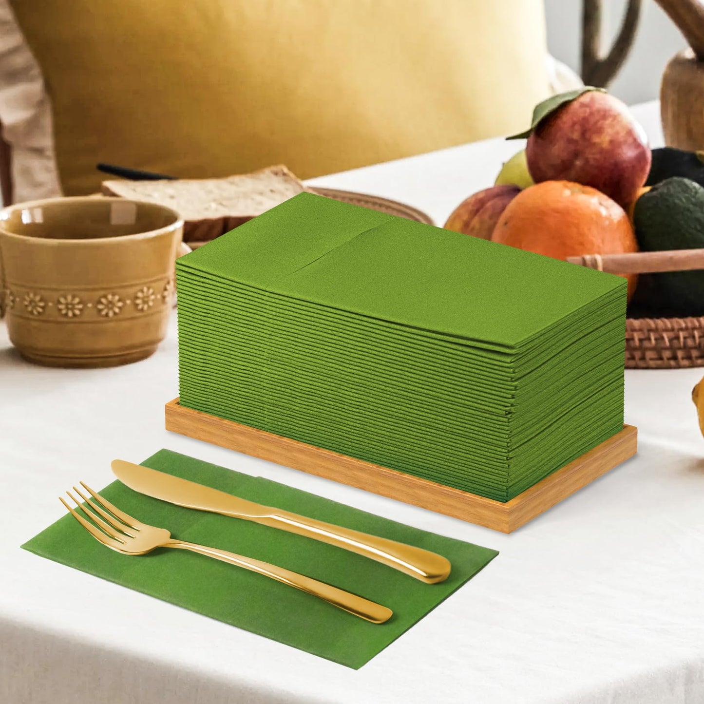 KAMMAK Matcha Green Napkins Disposable with Pocket Cloth Like Dinner Paper Napkins 100 Pack Folded Wedding Reception Napkin Bathroom Guest Hand Towels for Party Decoration (16.5 x 16.5 inch)
