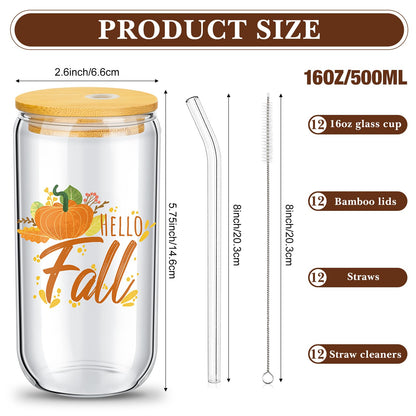 Umigy 12 Pack Fall Drinking Glasses Bulk 16oz Fall Ice Coffee Cups Pumpkin Glass Mug Jars with Bamboo Lid Straw Halloween Cups Thanksgiving Glassware Drinking Tumbler for Autumn Harvest Gifts