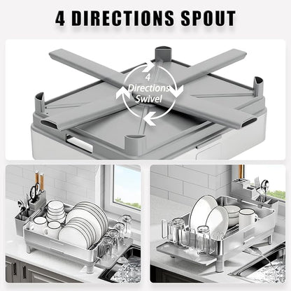 Ewaiira Dish Drying Rack, 304 Stainless Steel Dish Racks for Kitchen Counter, Dish Drainers with Automatic Drainage, Utensil Holder & Cups Holder, Space Saving Kitchen Organizer, Gray