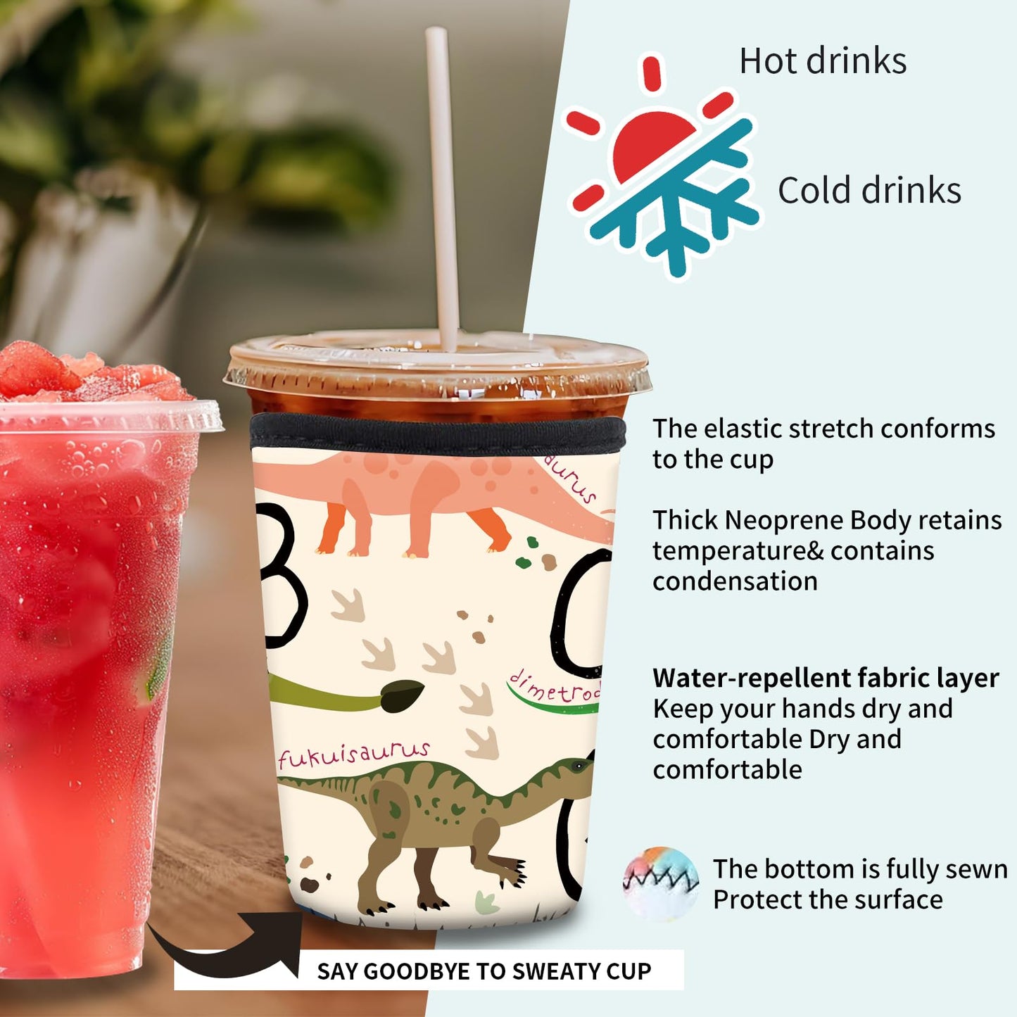 DAORJWL 3 Pack Reusable Insulated Neoprene Sleeve for Iced & Hot Drinks, Cute Durable Iced Coffee Cup Sleeve, Beverage Holder for Iced Coffee Cute Dinosaur