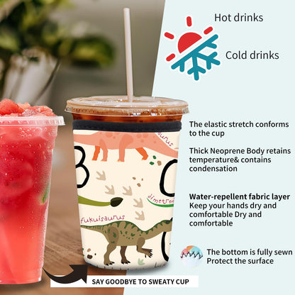 DAORJWL 3 Pack Reusable Insulated Neoprene Sleeve for Iced & Hot Drinks, Cute Durable Iced Coffee Cup Sleeve, Beverage Holder for Iced Coffee Cute Dinosaur