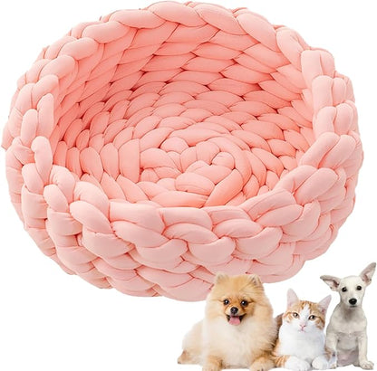 Woven Dog Bed Basket, Knitted Cotton Cat Bed Round Washable Woven Cat Pet Bed Chunky Dog Basket, Orthopedic, Chunky Knit Dog Nest,Dog Bed,Dog Cave,Dog Bedding(Pink,17")