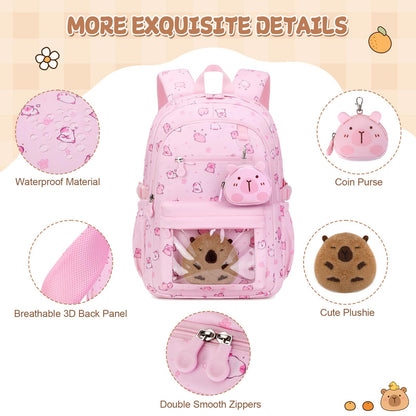 Similove Capybara Theme Backpack for School Girls, 35PCS Kids Backpack Set with School Supplies Stationery Kit Lunch Box Pencil Case, Cute Girls Bookbag for Kindergarten Elementary Student