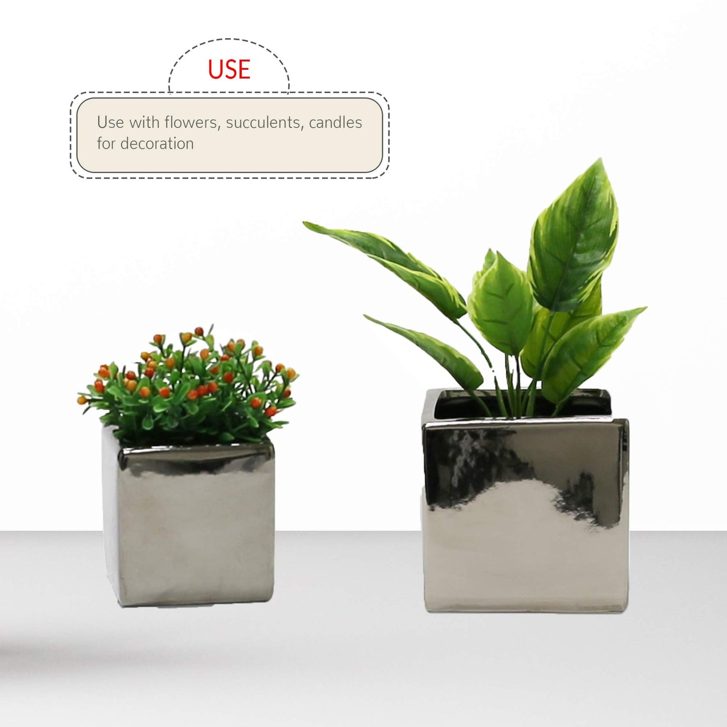 WGV Ceramic Cube Vase Width 4" Height 4" (Fits 3" Pot) Elegant Modern Block Square Floral Planter Terrarium Container Table Dresser for Event Accent Home Office Decor Silver 1 Piece