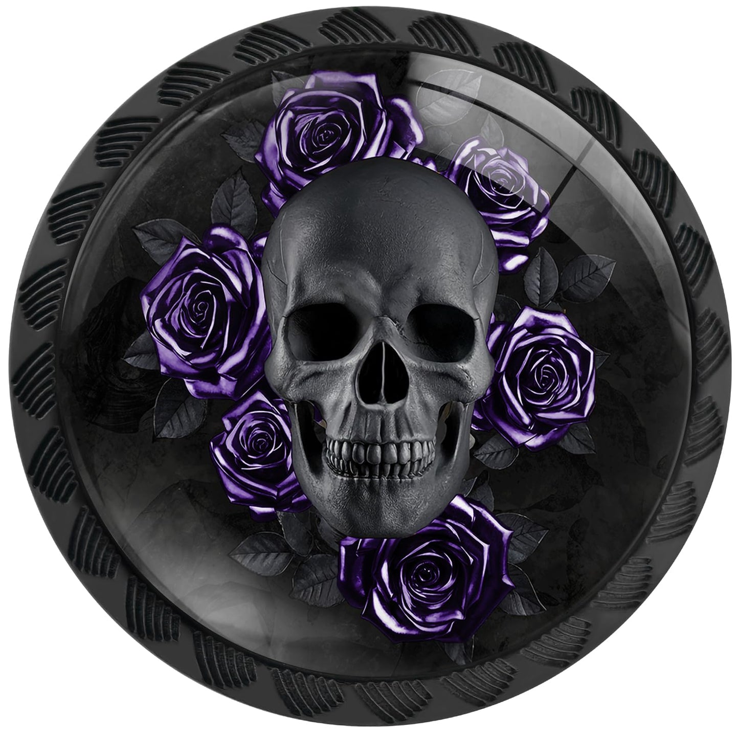 Artinhand 4 Pack Gothic Black Skull Purple Roses Cabinet Knobs for Kitchen