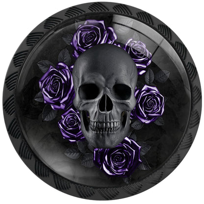 Artinhand 4 Pack Gothic Black Skull Purple Roses Cabinet Knobs for Kitchen