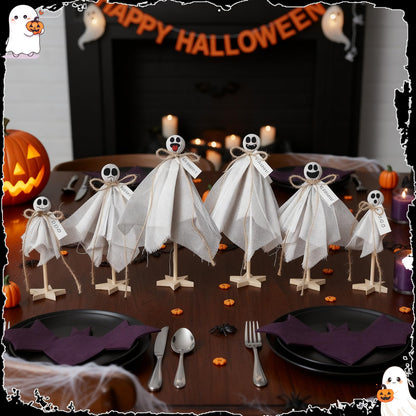 AceOrbit 6 Pcs Halloween Primitive Ghost Table Decor, Rustic Ghost Wooden Stand Sign Boho Farmhouse Wood Spooky Table Centerpieces for Halloween Office Indoor Party Decoration Supplies (Mixed Style)