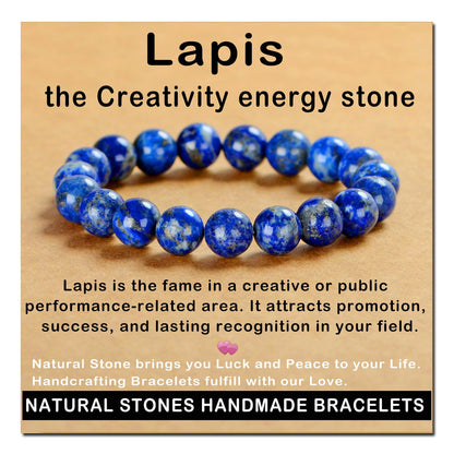 AD Beads Handmade Gemstone Stretch Elastic Bracelet Crystal Healing Reiki Nature's Beauty and Spiritual Essence Unisex (10mm, Lapis Lazuli)