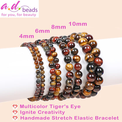 AD Beads Handmade Gemstone Stretch Elastic Bracelet Crystal Healing Reiki Nature's Beauty and Spiritual Essence Unisex (6mm, Multicolor Tiger's Eye (Ignite Creativity))