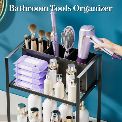 SanDream Hair Tool Organizer Bathroom Countertop, 2-Tier Metal Bathroom Organizer with Blow Dryer Holder, Large Capacity Space-Saving Vanity Shelf for Perfume, Skincare & Makeup Storage (Black)