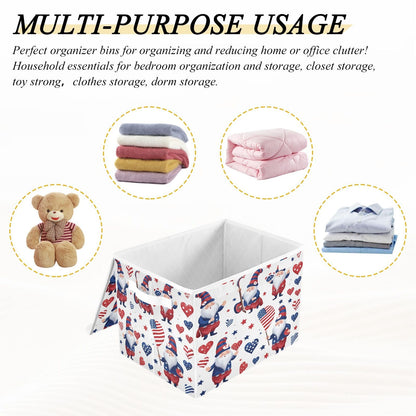 Storage Bins with Lids and Handles,American Day Flag Stars Gnomes Storage Box Storage Basket with Cover Collapsible Organizer Containers for Home Closet, Shelves
